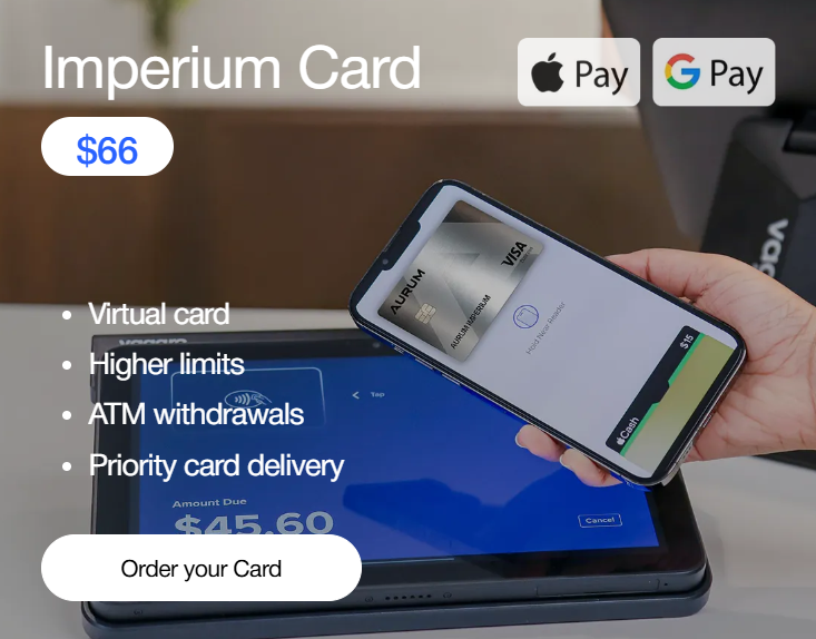 AURUM Imperium Visa Card — standard crypto debit card with ATM access, $66 activation