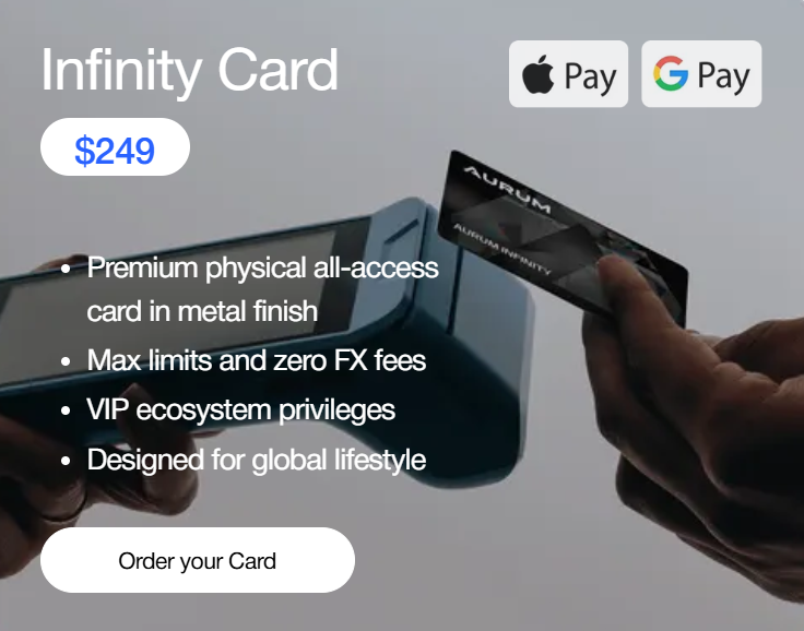 AURUM Infinity Visa Card — elite metal crypto debit card with zero FX fees and VIP privileges, $249 activation
