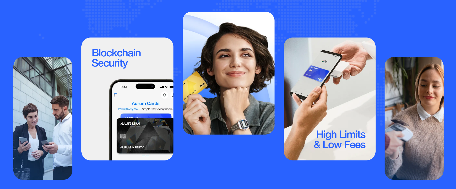AURUM NeoBank Visa card features — blockchain security, high spending limits, low fees, and global acceptance