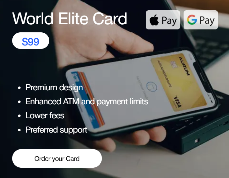 AURUM World Elite Visa Card — premium crypto debit card with enhanced limits, $99 activation